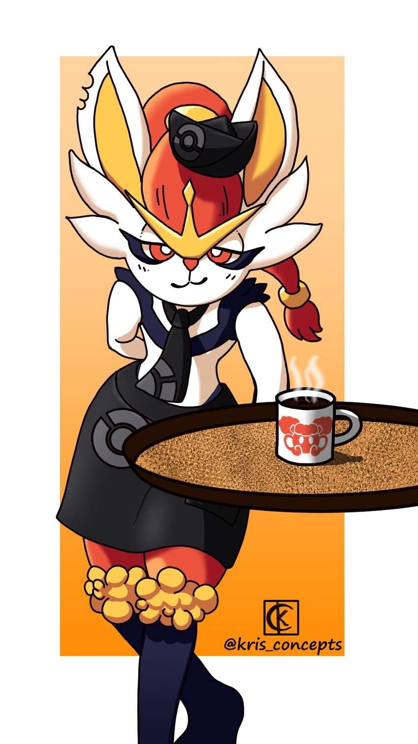 9:16 anthro apron beverage celes_(celes_the_whim) cinderace clothing coffee container cup generation_8_pokemon hair hat hazby_o'neil headgear headwear hi_res kris_concepts male necktie nintendo notched_ear pokemon pokemon_(species) red_eyes red_hair simple_background smile solo white_body