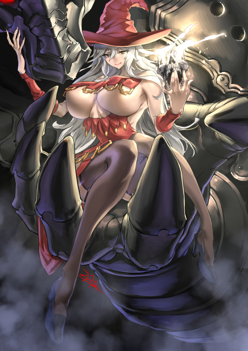 breast_curtains breasts commentary_request covered_nipples curvy dress female garter_straps granblue_fantasy grey_hair hat highres huge_breasts long_hair magisa_(granblue_fantasy) magisa_(holiday)_(grandblue_fantasy) purple_eyes red_dress red_hat revealing_clothes sideboob signature skull solo thighhighs thighs underboob very_long_hair witch_hat zunta