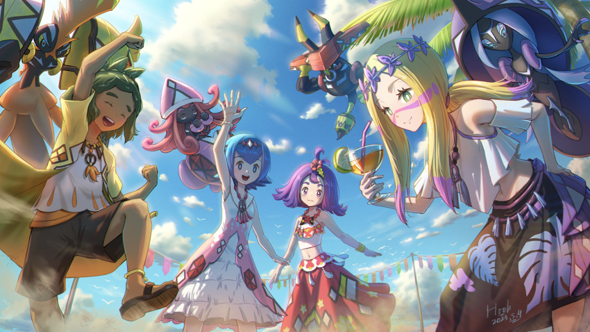 1boy 3girls acerola_(pokemon) acerola_(sygna_suit)_(pokemon) alternate_costume blonde_hair blue_hair blue_sky dark-skinned_male dark_skin dress hau_(pokemon) hau_(sygna_suit)_(pokemon) highres hooh_lin lana_(pokemon) lana_(sygna_suit)_(pokemon) long_skirt midriff mina_(pokemon) mina_(sygna_suit)_(pokemon) multiple_girls navel official_alternate_costume outdoors palm_tree pokemon pokemon_(creature) pokemon_masters_ex purple_hair sandals shorts skirt sky smile tapu_bulu tapu_fini tapu_koko tapu_lele tree