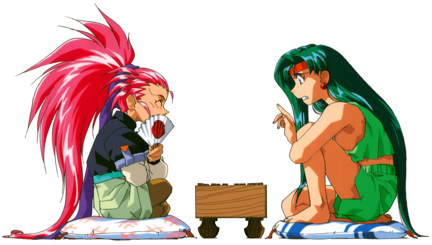 1990s_(style) 2girls barefoot board_game closed_eyes crop_top cropped_shirt earrings folding_fan green_hair grin hakubi_washuu hand_fan headband high_ponytail highres holding holding_fan indian_style japanese_flag jewelry long_hair long_sleeves makibi_kiyone multiple_girls non-web_source official_art on_pillow pantyhose photoshop_(medium) purple_hair retro_artstyle shirt shogi simple_background sitting sleeveless sleeveless_shirt smile tenchi_muyou! tenchi_muyou!_uchuu_hen very_long_hair white_background