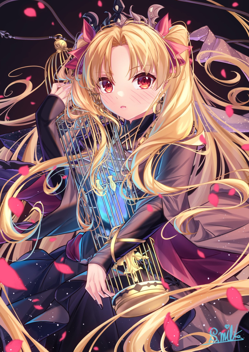 arm_rest arm_up armlet birdcage black_dress black_nails blonde_hair blue_fire blush cage commentary cowboy_shot dress earrings ereshkigal_(fate) ereshkigal_(third_ascension)_(fate) falling_petals fate/grand_order fate_(series) female fire floating_hair floating_scarf glitter gold gold_trim hair_ribbon highres holding holding_cage hoop_earrings infinity_symbol jewelry layered_sleeves light_particles long_hair long_sleeves looking_at_viewer nail_polish nattsu_(nattu888_8) parted_bangs parted_lips petals red_eyes red_ribbon ribbon scarf signature skull_ornament sleeves_past_wrists solo spirit tiara two-sided_fabric two_side_up very_long_hair