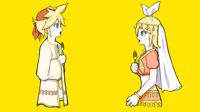 1boy aqua_eyes blonde_hair bracelet brother_and_sister commentary cosmospice_(vocaloid) female fork hair_ornament highres holding holding_fork jacket jewelry kagamine_len kagamine_rin midriff neckerchief necktie official_art open_clothes open_jacket open_mouth pinocchio-p siblings simple_background traditional_clothes turban twins veil vocaloid yellow_background yellow_neckerchief yellow_necktie yellow_theme