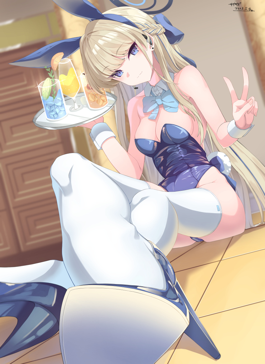 absurdres animal_ears blonde_hair blue_archive blue_eyes blue_halo blue_leotard bow bowtie breasts commentary_request crossed_legs detached_collar drink fake_animal_ears female halo high_heels highleg highleg_leotard highres holding holding_tray ice leotard long_hair looking_at_viewer medium_breasts official_alternate_costume playboy_bunny rabbit_ears solo strapless strapless_leotard sunebu_(snake_boo2) thighhighs toki_(blue_archive) toki_(bunny)_(blue_archive) tray v very_long_hair white_thighhighs wrist_cuffs