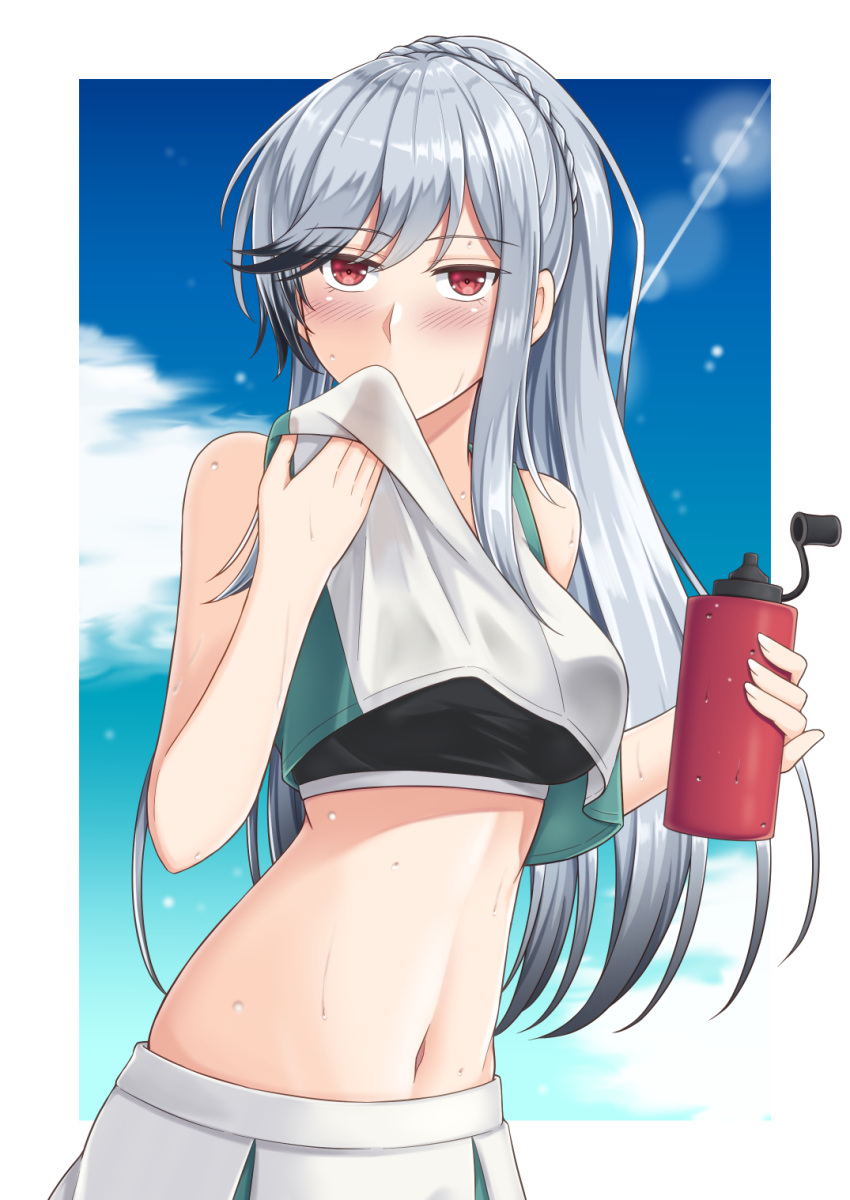 azur_lane bad_id bad_pixiv_id blue_sky blush braid breasts bremerton_(azur_lane) bremerton_(azur_lane)_(cosplay) bremerton_(scorching-hot_training)_(azur_lane) clothes_lift commentary_request cosplay crown_braid dunkerque_(azur_lane) female grey_hair highres long_hair looking_at_viewer medium_breasts navel red_eyes shirt shirt_lift skirt sky sleeveless sleeveless_shirt solo sports_drink sportswear stomach sweat wiping_mouth yamato_(083)