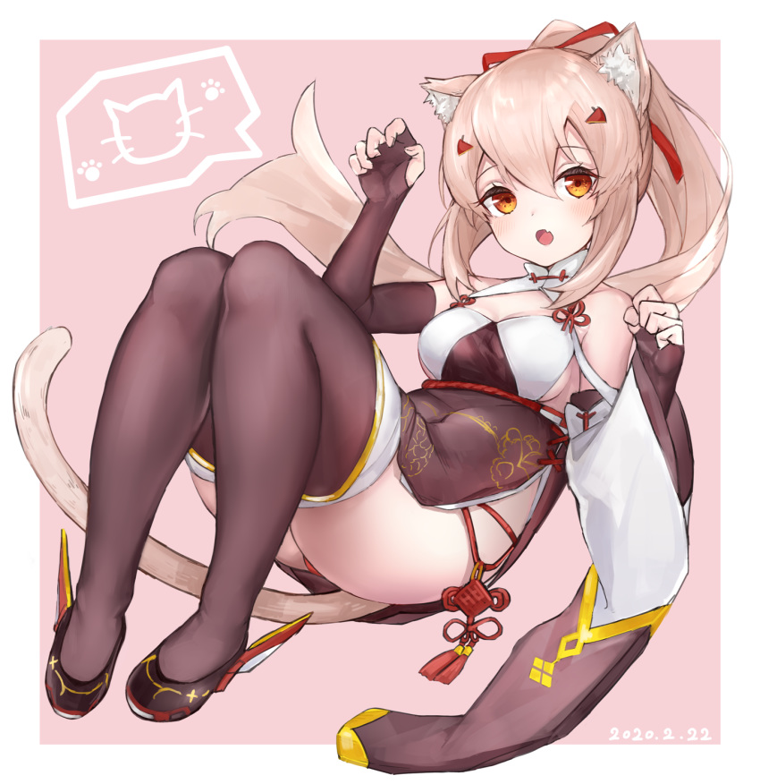 animal_ears animal_hands ayanami_(azur_lane) ayanami_(lunar_demon)_(azur_lane) azur_lane bad_id bad_pixiv_id blush breasts brown_eyes brown_thighhighs cat_day cat_ears cat_paws cat_tail catumi_(ta938_ka23) chinese_clothes dated detached_sleeves female full_body hair_between_eyes hair_ribbon highres kemonomimi_mode light_brown_hair long_hair long_sleeves looking_at_viewer medium_breasts official_alternate_costume open_mouth paw_pose pelvic_curtain ponytail red_ribbon ribbon single_detached_sleeve solo tail thighhighs wide_sleeves