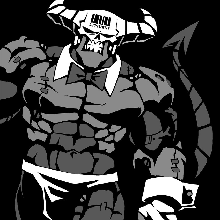 1boy abs barcode barcode_tattoo black_background bow bowtie chippendales clenched_teeth cowboy_shot demon demon_boy demon_tail detached_collar english_commentary greyscale helltaker horns looking_at_viewer male_focus monochrome solo subject_67_(helltaker) tail tattoo teeth vanripper