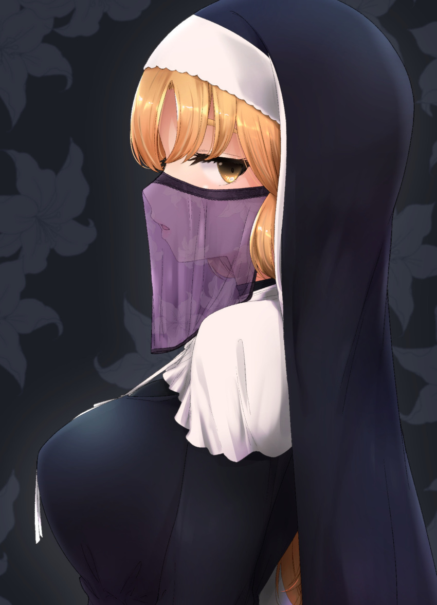 bad_id bad_pixiv_id black_background black_dress blonde_hair blood blush breasts brown_eyes capelet commentary_request dress female floral_background from_side habit highres itou_ayachi long_hair long_sleeves looking_at_viewer looking_to_the_side medium_breasts mouth_veil nijisanji nun parted_lips profile see-through short_hair sideways_glance sister_claire sister_claire_(1st_costume) smile traditional_nun upper_body veil virtual_youtuber white_capelet