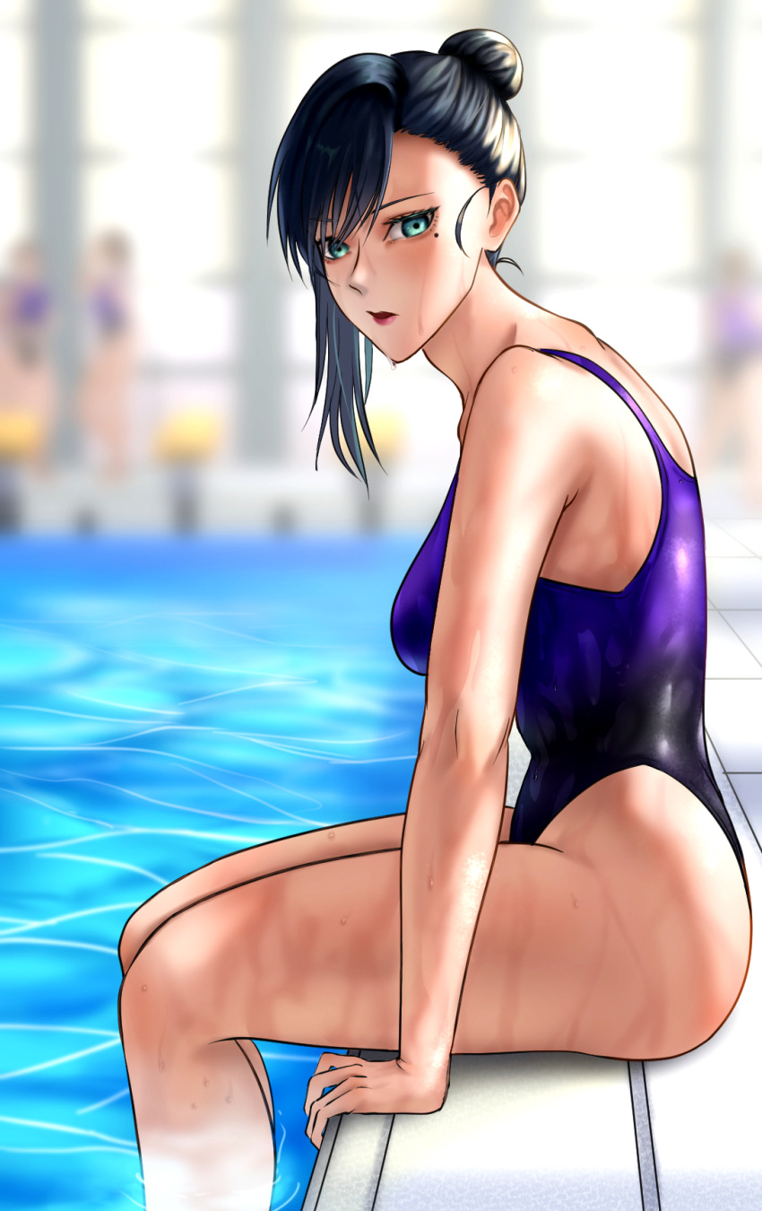 3girls black_hair breasts competition_swimsuit cowboy_shot hair_bun highleg highleg_swimsuit highres kawakubo_chinu large_breasts lips long_hair looking_at_viewer mole mole_under_eye multiple_girls one-piece_swimsuit pool poolside re-main reimei33 single_hair_bun sitting solo_focus swimsuit