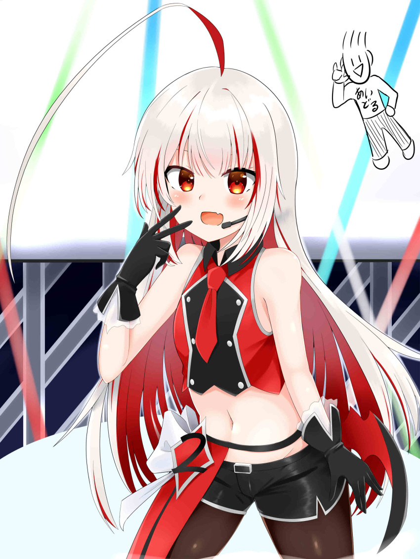 absurdres ahoge alternate_costume azur_lane bare_shoulders black_gloves black_shorts blush breasts commentary_request cropped_shirt female gloves highres jack_(hosuhosu) long_hair looking_at_viewer midriff multicolored_hair navel necktie open_mouth pantyhose partial_commentary red_eyes red_necktie shirt shorts sleeveless sleeveless_shirt small_breasts solo stage stomach two-tone_hair vauquelin_(azur_lane) white_hair