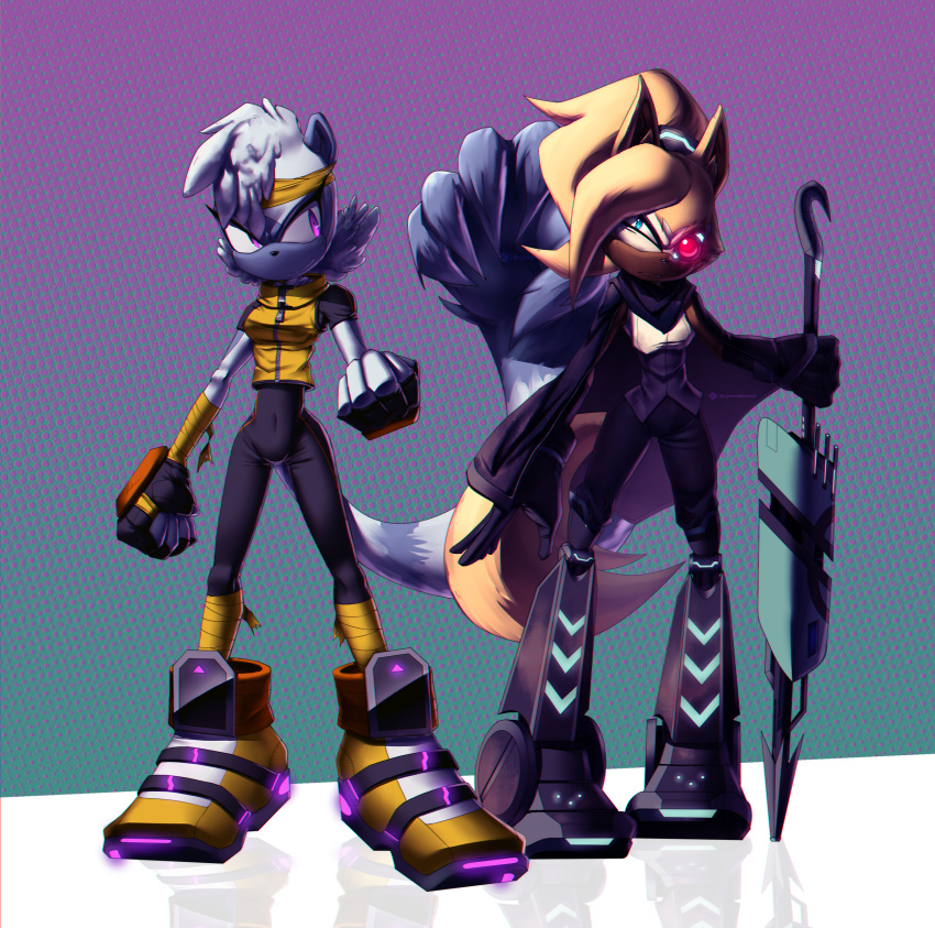 absurd_res anthro bandana blue_eyes bodysuit brown_body canid canine canis cape clothing duo female fingerless_gloves gloves handwear hi_res idw_publishing kerchief lemur mammal primate purple_eyes sega skinsuit sonic_the_hedgehog_(comics) sonic_the_hedgehog_(idw) sonic_the_hedgehog_(series) speendlexmk2 strepsirrhine tangle_the_lemur tight_clothing topwear vest whisper_the_wolf white_body wispon wolf