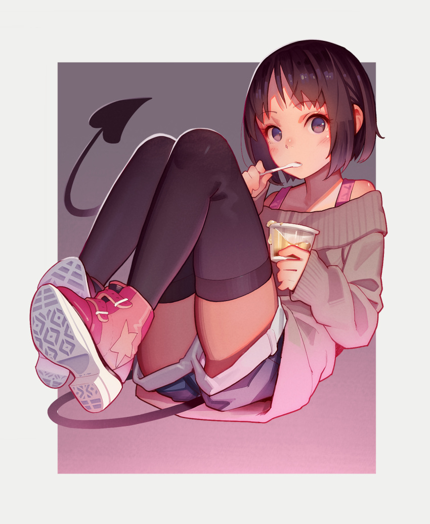 beige_sweater black_thighhighs brown_eyes brown_hair chromatic_aberration commentary_request demon_girl demon_tail eating english_commentary female food full_body gradient_background highres long_sleeves looking_at_viewer mixed-language_commentary miyu_(tiny_evil) muk_(monsieur) off-shoulder_sweater off_shoulder official_art original panties panties_under_shorts panty_peek pink_footwear pink_tank_top pudding short_hair shorts sleeves_past_wrists solo spoon sweater tail tank_top thighhighs tiny_evil underwear utensil_in_mouth