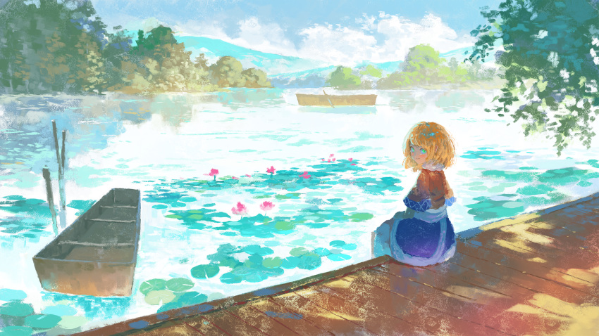 blue_skirt blush boat brown_shirt cattail cloud cloudy_sky commentary female fjsmu flower forest green_eyes highres lake lily_pad looking_at_viewer lotus mizuhashi_parsee mountainous_horizon nature outdoors pier plant reflection reflective_water sash scenery shirt short_hair skirt sky smile solo touhou tree water watercraft white_sash wide_sleeves