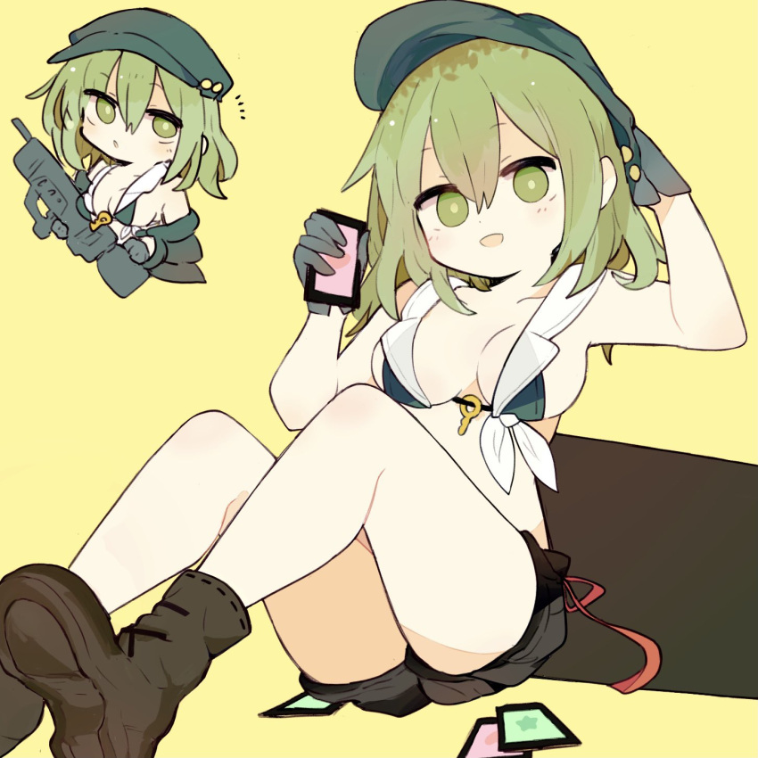 76gpo :d ability_card_(touhou) black_skirt boots box breasts brown_footwear card cleavage commentary_request female flat_cap gloves green_eyes green_gloves green_hair green_headwear gun hand_on_headwear hat highres holding holding_weapon key knees_up looking_at_viewer massakasama_(style) open_mouth partial_commentary short_hair simple_background sitting skirt smile touhou weapon yamashiro_takane yellow_background