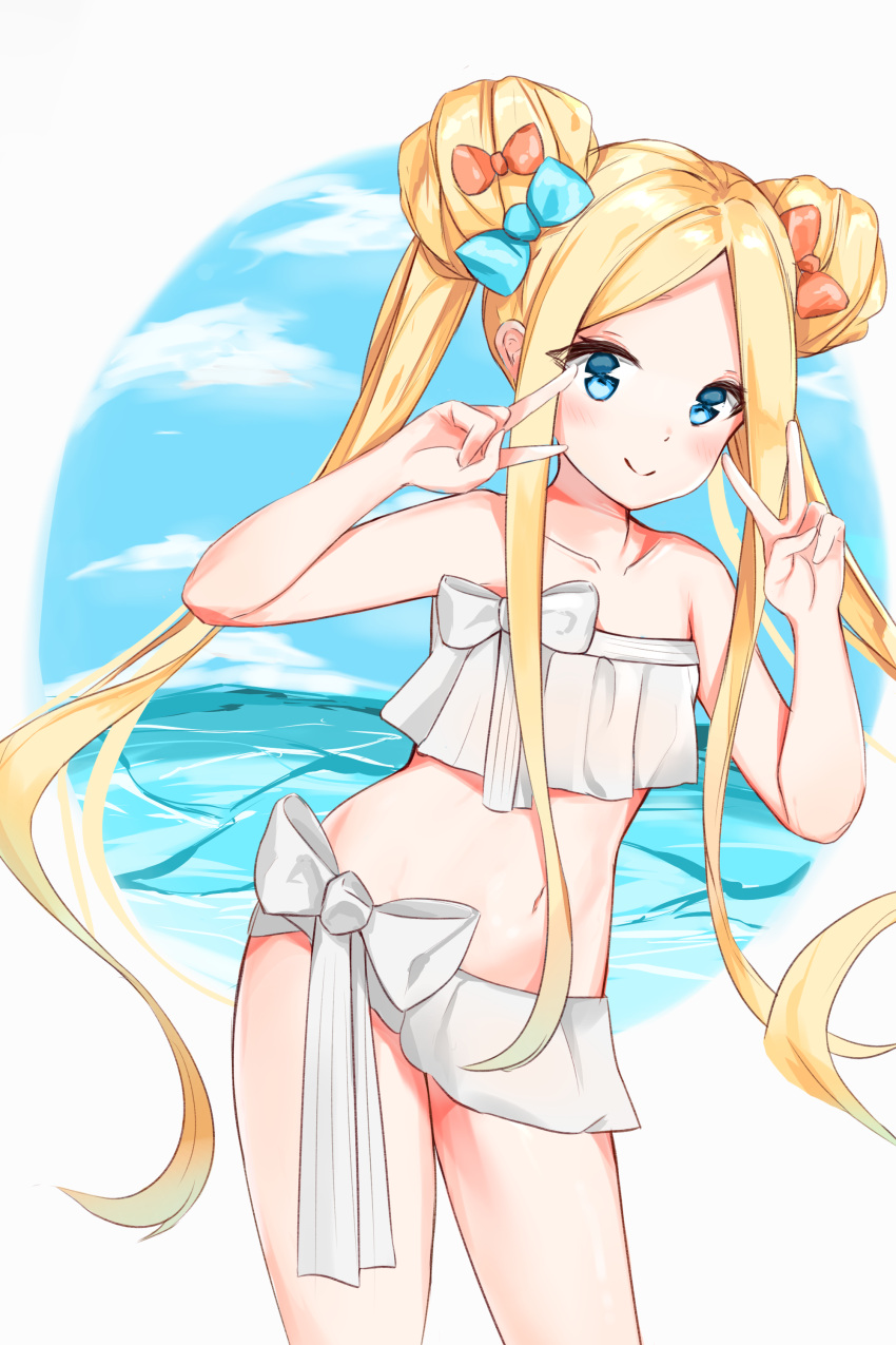 abigail_williams_(fate) abigail_williams_(swimsuit_foreigner)_(fate) abigail_williams_(swimsuit_foreigner)_(third_ascension)_(fate) absurdres bare_arms bare_shoulders bikini blonde_hair blue_bow blue_eyes blush bow closed_mouth collarbone commentary day double_bun double_v fate/grand_order fate_(series) female forehead hair_bun hairbow hands_up highres long_hair looking_at_viewer navel orange_bow parted_bangs smile solo swimsuit twintails v very_long_hair white_bikini yukaa