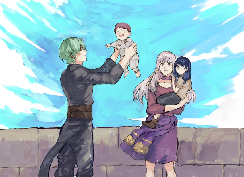 2boys 2girls alternate_hair_color blue_eyes blue_hair blue_sky byleth_(fire_emblem) byleth_(male)_(fire_emblem) carrying closed_mouth commission day dress enlightened_byleth_(male) father_and_daughter father_and_son fire_emblem fire_emblem:_three_houses from_side green_hair highres if_they_mated long_hair long_sleeves lysithea_von_ordelia mother_and_daughter mother_and_son multiple_boys multiple_girls open_mouth outdoors parted_lips pink_eyes short_hair short_sleeves sky smile white_hair yourfreakyneighbourh