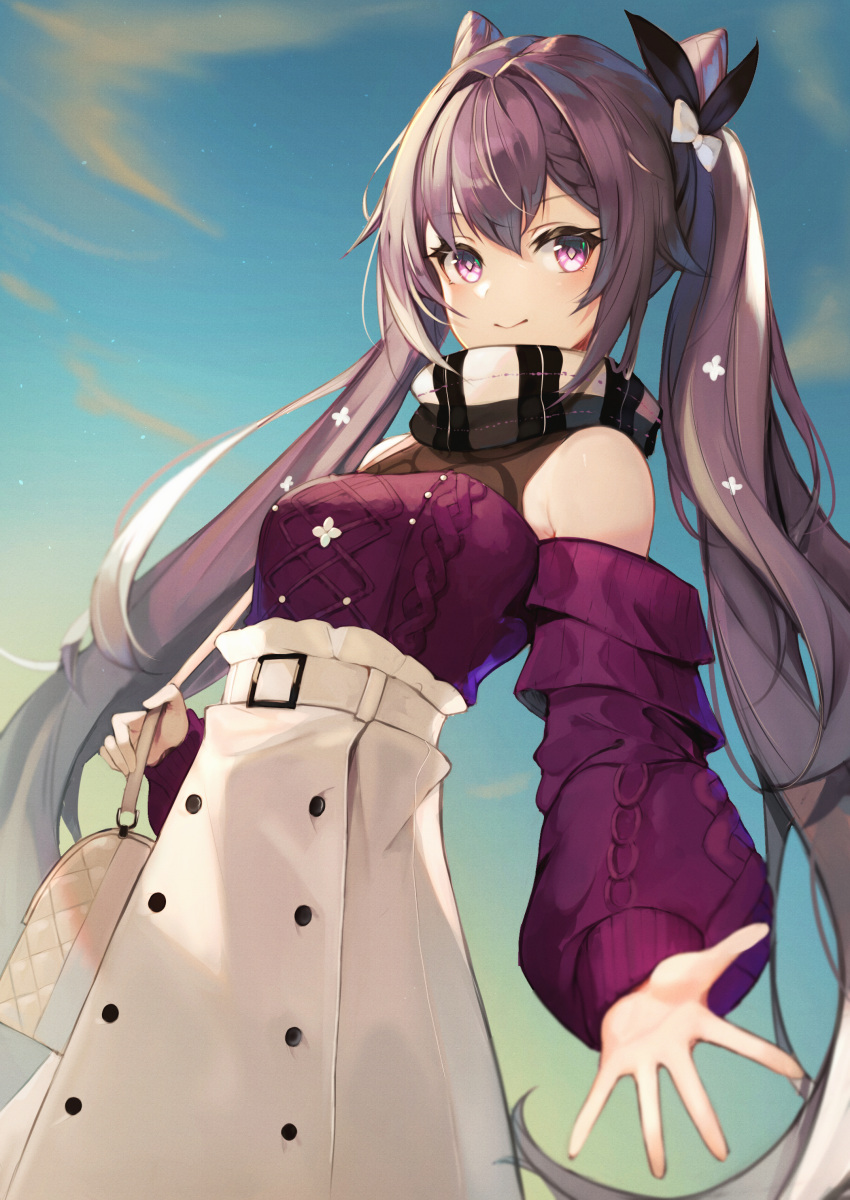 >:) absurdres aran_sweater bare_shoulders belt belt_buckle blue_sky blush bow breasts buckle cable_knit casual closed_mouth cone_hair_bun day detached_sleeves female genshin_impact hair_bun hairbow high-waist_skirt highres keqing_(genshin_impact) keqing_(lantern_rite)_(genshin_impact) long_hair long_sleeves looking_at_viewer lumo_1121 medium_breasts multicolored_clothes multicolored_scarf official_alternate_costume outdoors outstretched_arm plaid plaid_scarf purple_eyes purple_hair purple_sweater scarf skirt sky smile solo spread_fingers sweater twintails v-shaped_eyebrows very_long_hair white_bow white_skirt