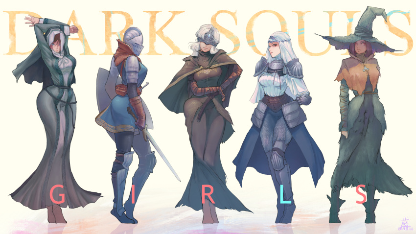 4girls absurdres anri_of_astora armor barefoot blind brown_hair commentary crown curvy dark_souls_(series) dark_souls_iii fire_keeper habit hat highres jojo_no_kimyou_na_bouken jojo_pose karla_(dark_souls_3) karla_the_witch multiple_girls nun platinum_blonde_hair pose shield sirris_of_the_sunless_realms sister_friede skin_tight sword ttsheng weapon witch_hat