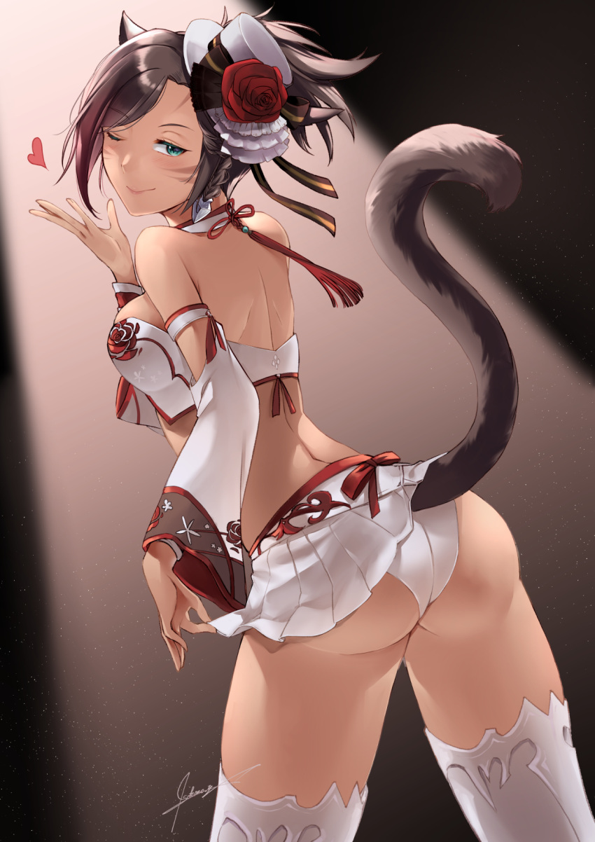 animal_ears ass bandeau black_hair braid breasts cat_ears cat_tail detached_sleeves facial_mark female final_fantasy final_fantasy_xiv from_behind green_eyes hat heart highres looking_at_viewer looking_back marie_makise medium_breasts miqo'te multicolored_hair nanase_kokono one_eye_closed short_hair signature skirt slit_pupils solo tail thighhighs two-tone_hair warrior_of_light_(ff14) whisker_markings