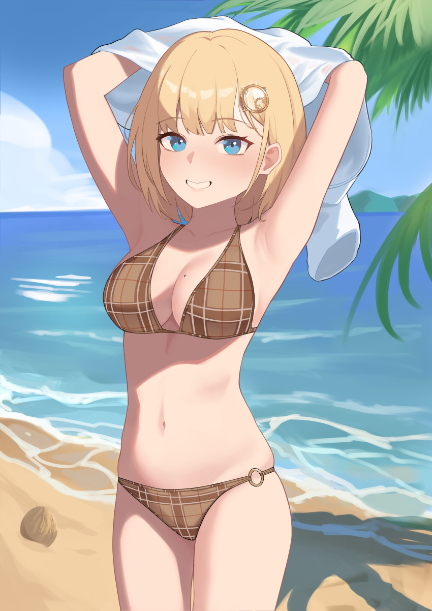 absurdres armpits arms_up bikini blonde_hair blue_eyes bob_cut breasts brown_bikini cleavage commentary cowboy_shot english_commentary female grin hair_ornament highres hololive hololive_english large_breasts looking_at_viewer navel ocean plaid plaid_bikini shadow shift_(shiftillust) shirt short_hair smile solo standing stomach swimsuit undressing virtual_youtuber water watson_amelia white_shirt