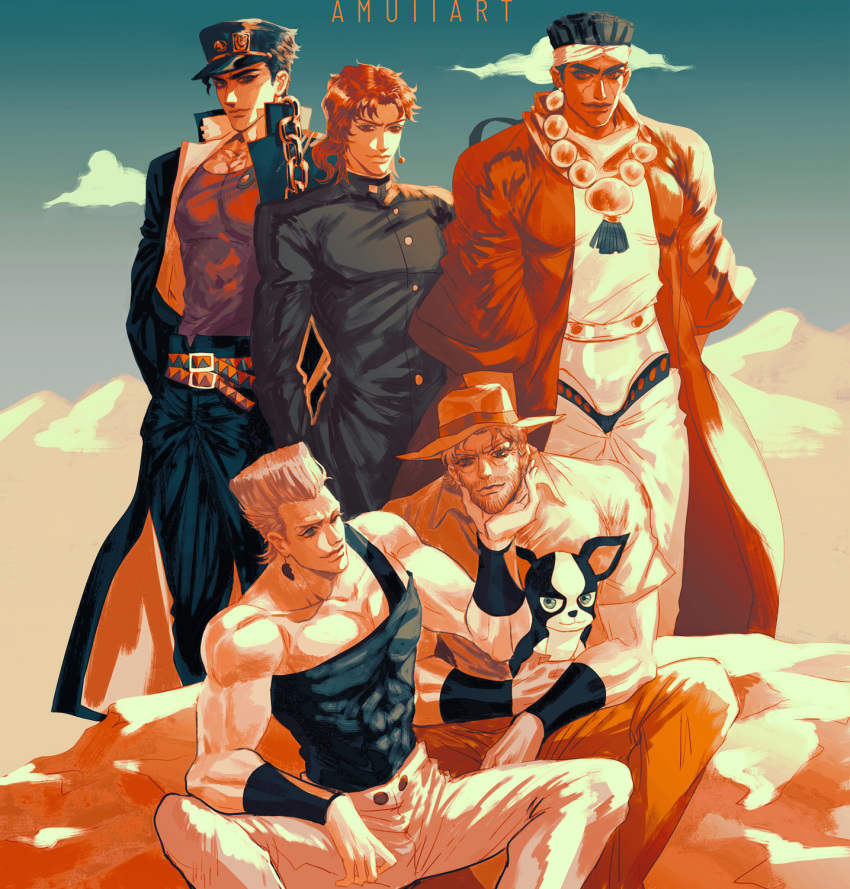 5boys age_difference amuii beard black_hair blue_eyes boston_terrier canine chains coat collared_shirt commentary crusaders_group_photo_(jojo) dark-skinned_male dark_skin derivative_work desert earrings facial_hair gakuran grey_hair group_picture happy hat headband height_difference highres iggy_(jojo) jacket jean_pierre_polnareff jewelry jojo_no_kimyou_na_bouken joseph_joestar joseph_joestar_(old) kakyoin_noriaki kujo_jotaro male_focus mohammed_avdol multiple_boys pectorals photoshop_(medium) red_hair school_uniform screenshot_redraw shirt signature sitting sky smile standing stardust_crusaders white_hair