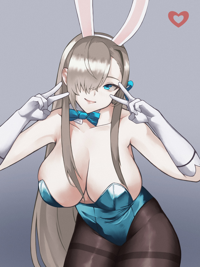 absurdres animal_ears asuna_(blue_archive) asuna_(bunny)_(blue_archive) bare_shoulders blue_archive blue_eyes blue_leotard blush bow bowtie breasts brown_pantyhose cleavage commentary detached_collar elbow_gloves fake_animal_ears female gloves hair_over_one_eye highleg highleg_leotard highres iiros large_breasts leotard light_brown_hair long_hair looking_at_viewer mole mole_on_breast official_alternate_costume pantyhose playboy_bunny rabbit_ears smile solo strapless strapless_leotard thighband_pantyhose thighs traditional_bowtie watermark white_gloves