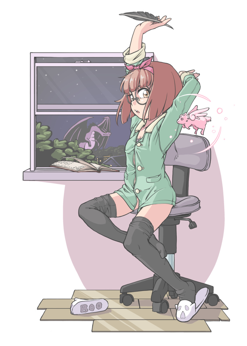 arm_behind_head arm_up black_thighhighs bookmark bow breasts brown_hair cardcaptor_sakura chair commentary_request dragon female glasses hairbow highres horns indoors jarv looking_at_viewer loose_thighhigh no_pants office_chair on_chair open_mouth pajamas pink_bow quill short_hair single_slipper sitting slippers small_breasts solo stretching swivel_chair thighhighs thighs tree window wooden_floor yanagisawa_naoko