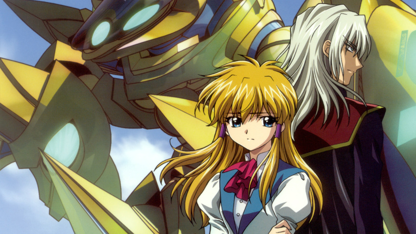 1boy back-to-back blonde_hair blue_eyes brother_and_sister female frown hair_tubes highres long_hair long_sleeves mecha official_art photoshop_(medium) puffy_long_sleeves puffy_sleeves ralph_werec robot sara_werec scan siblings sidelocks soukou_no_strain third-party_source upper_body white_hair