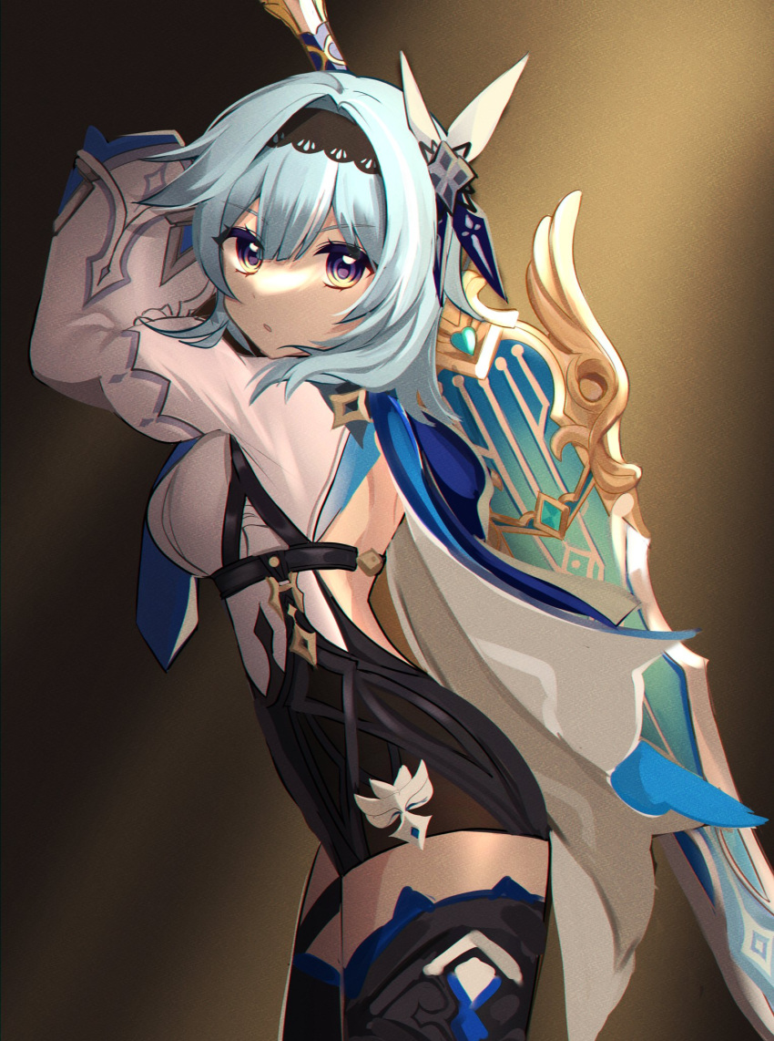 arms_up bad_id bad_twitter_id black_hairband black_thighhighs blue_hair blue_necktie breasts cape commentary cowboy_shot eula_(genshin_impact) female genshin_impact greatsword hairband highres holding holding_weapon light_blue_hair long_sleeves looking_at_viewer medium_breasts medium_hair necktie parted_lips purple_eyes solo song_of_broken_pines_(genshin_impact) sword thighhighs u_u_k_e_n weapon