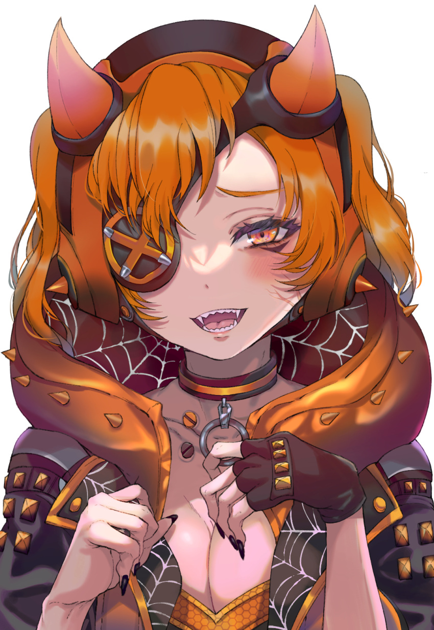 alternate_hairstyle animification apex_legends black_gloves black_headwear black_jacket black_nails blush breasts cleavage collarbone fangs female fingerless_gloves gloves highres hood hood_down hooded_jacket horns jacket kayanogura looking_at_viewer medium_breasts official_alternate_costume one_eye_covered open_mouth orange_eyes orange_hair sharp_teeth single_glove smile solo spiked_hood static_spike_wattson teeth twintails wattson_(apex_legends)