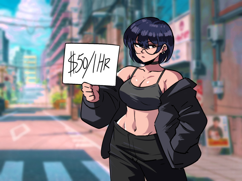 arsenixc bare_shoulders black_choker black_hair black_jacket black_pants blurry blurry_background breasts choker cleavage closed_mouth collarbone crop_top expressionless female game_screenshot_background glasses highres holding holding_paper jacket large_breasts love_money_rock'n'roll midriff navel original pants paper prostitution short_hair solo tank_top tina_fate