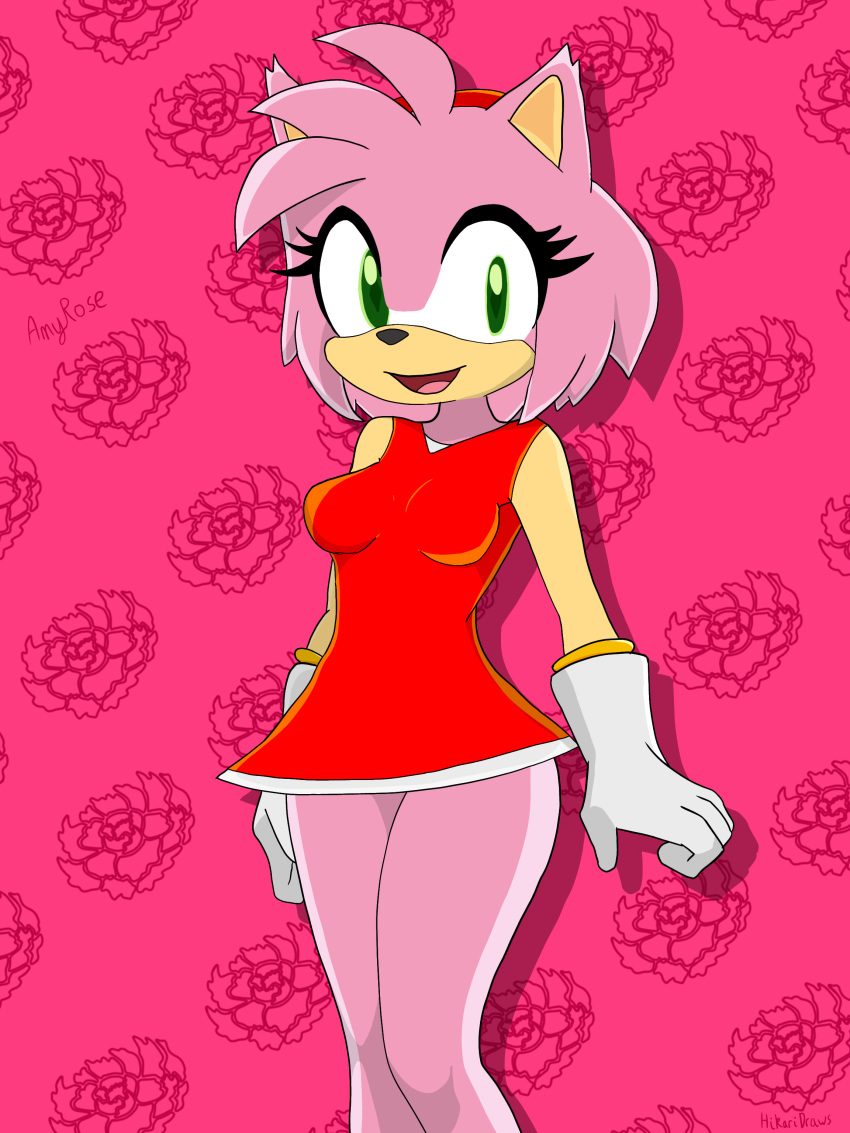 3:4 absurd_res accessory amy_rose anthro cel_shading clothing dress eulipotyphlan female fur gloves green_eyes handwear headband hedgehog hi_res hikaridraws mammal pink_body pink_fur red_clothing red_dress sega shaded solo sonic_the_hedgehog_(series)