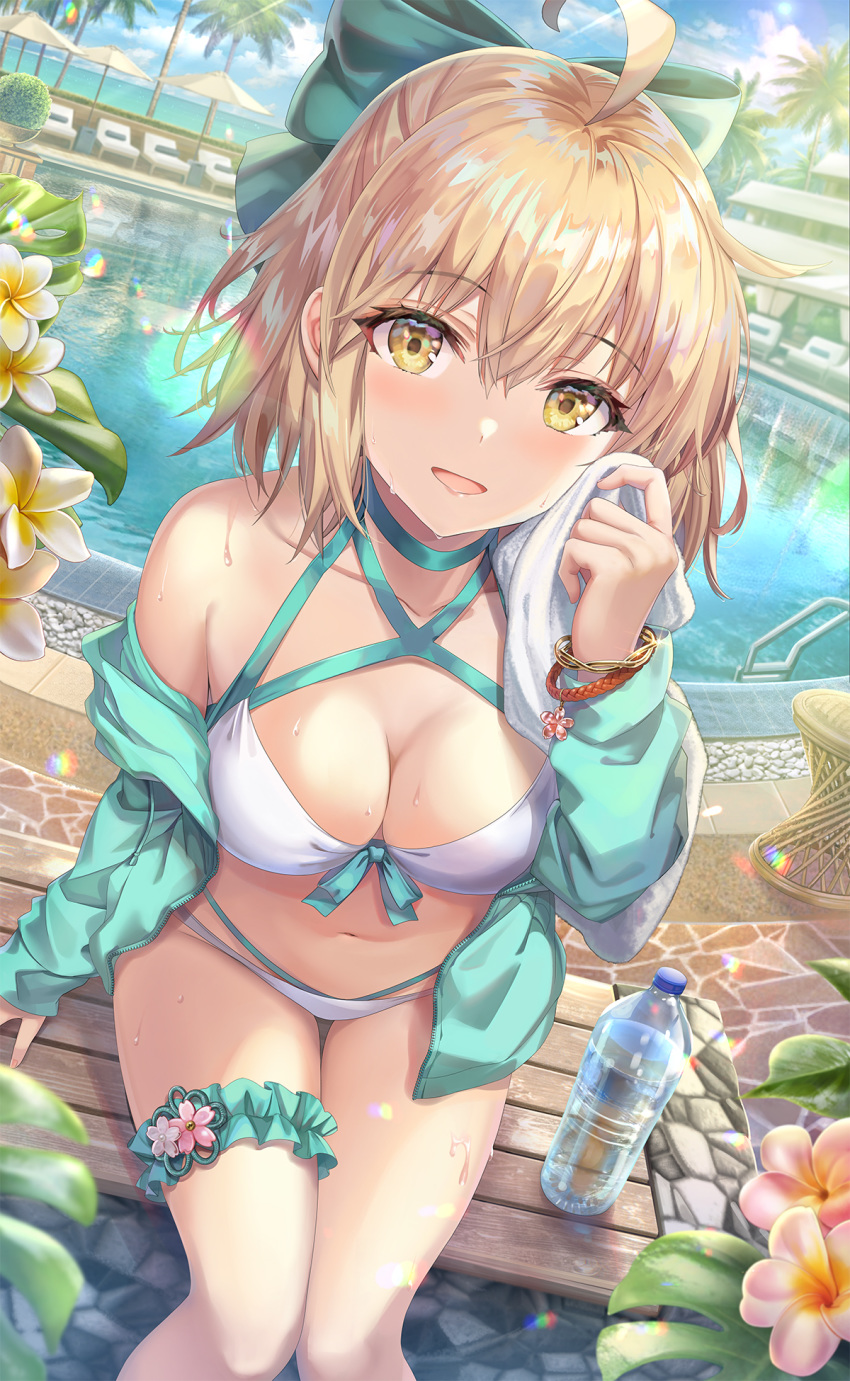 ahoge aqua_bow aqua_jacket bare_shoulders bikini blonde_hair blue_sky blush bottle bow bracelet breasts bridal_garter cleavage collarbone drawstring fate/grand_order fate_(series) female flower hair_between_eyes hairbow highleg highleg_bikini highres jacket jewelry large_breasts looking_at_viewer multi-strapped_bikini navel off_shoulder okita_j._souji_(fate) okita_j._souji_(third_ascension)_(fate) okita_souji_(fate) open_clothes open_jacket open_mouth outdoors palm_tree pool short_hair sitting sky smile swimsuit thighs torino_aqua tree water_bottle white_bikini yellow_eyes