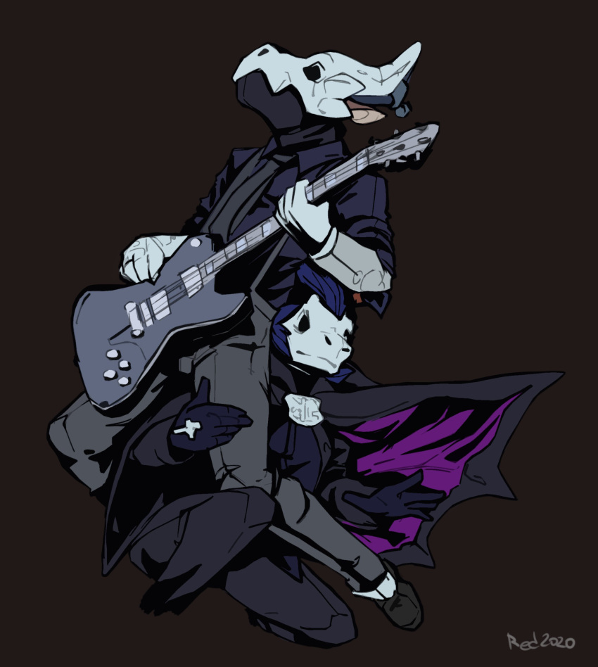 2020 absurd_res anthro black_background black_bottomwear black_cape black_clothing black_footwear black_pants black_shoes blue_clothing blue_gloves blue_handwear blue_shirt blue_topwear bottomwear cape carbon_(carbon-draws) clothing dragon duo electric_guitar footwear fur furred_dragon furred_scalie gloves grey_bottomwear grey_clothing grey_horn grey_pants guitar handwear hi_res holding_guitar holding_musical_instrument holding_object horn horn_jewelry horn_ring jewelry male mask multicolored_cape multicolored_clothing musical_instrument mythological_creature mythological_scalie mythology pants plucked_string_instrument purple_cape purple_clothing red_(redishdragie) redishdragie ring_(jewelry) scalie shirt shoes signature simple_background skull_mask string_instrument topwear two_tone_cape two_tone_clothing white_clothing white_gloves white_handwear