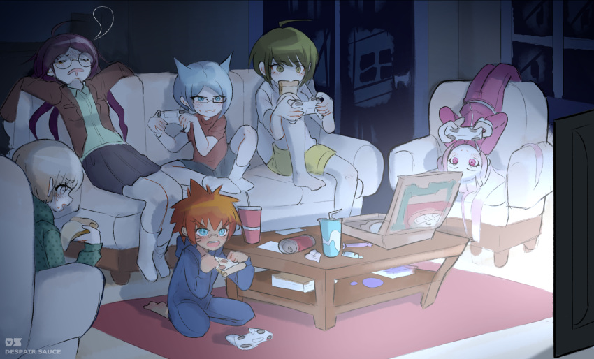 3boys 3girls bad_id bad_pixiv_id coffee_table daimon_masaru_(danganronpa) danganronpa_(series) danganronpa_another_episode:_ultra_despair_girls despair_sauce food fukawa_toko game_console highres indoors kemuri_jataro long_hair loose_socks multiple_boys multiple_girls naegi_komaru pajamas pizza pizza_box pizza_slice shingetsu_nagisa short_hair skirt sleeping sleepover sleepwear socks table television utsugi_kotoko