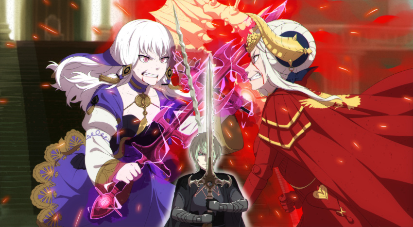 1boy 2girls absurdres alternate_hair_color armor axe aymr_(fire_emblem) black_gloves blood blood_from_mouth byleth_(fire_emblem) byleth_(male)_(fire_emblem) cape clenched_teeth closed_mouth commentary dannex009 dress edelgard_von_hresvelg english_commentary enlightened_byleth_(male) fire_emblem fire_emblem:_three_houses from_side gloves green_eyes green_hair hair_ornament headpiece highres holding holding_axe holding_sword holding_wand holding_weapon horns long_hair long_sleeves lysithea_von_ordelia multiple_girls pink_eyes short_hair stairs sword sword_of_the_creator teeth thunderbrand thyrsus_(fire_emblem) wand weapon white_hair