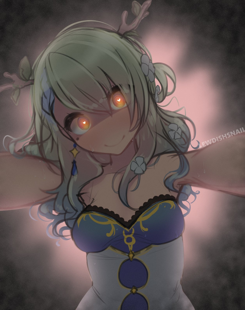 antlers breasts ceres_fauna ceres_fauna_(1st_costume) commentary female flower green_hair hair_flower hair_ornament heart heart-shaped_pupils highres hololive hololive_english horns lewdishsnail long_hair looking_at_viewer medium_breasts mole mole_under_eye pinned pov smile solo symbol-shaped_pupils virtual_youtuber yandere yellow_eyes you_gonna_get_raped