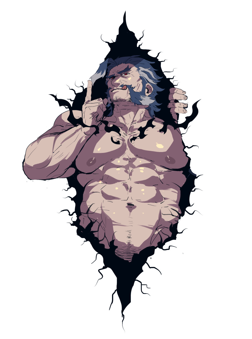 1boy :q abs absurdres ahoge bara beard blue_hair broken_wall completely_nude daikoku_(housamo) dark_blue_hair facial_hair forked_eyebrows highres large_pectorals looking_at_viewer male_focus male_pubic_hair mature_male moustache multicolored_hair muscular muscular_male mutton_chops navel navel_hair nipples nude old old_man pectorals pubic_hair rybiok short_hair solo stomach thick_eyebrows tokyo_afterschool_summoners tongue tongue_out two-tone_hair upper_body white_hair