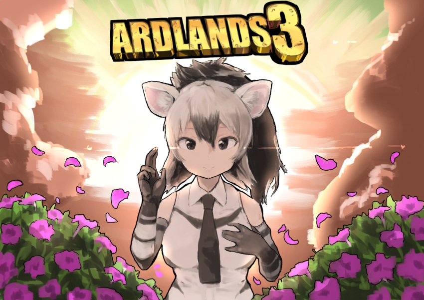 aardwolf_(kemono_friends) aardwolf_print animal_ear_fluff animal_ears animal_print backlighting bad_id bad_pixiv_id bare_shoulders black_hair black_necktie borderlands_(series) borderlands_3 closed_mouth cloud collared_shirt commentary_request elbow_gloves female flower gloves grey_hair hair_between_eyes hand_on_own_chest hands_up high_ponytail kadim kemono_friends long_hair looking_at_viewer multicolored_hair necktie outdoors parody petals ponytail print_gloves print_shirt shirt sky sleeveless sleeveless_shirt smile solo sun title_parody twilight two-tone_hair upper_body wing_collar