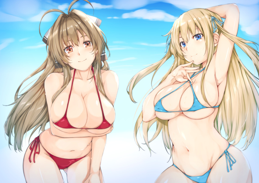 2girls amagi_brilliant_park antenna_hair arm_under_breasts arm_up armpits bikini blonde_hair blue_eyes blush bow breasts brown_eyes brown_hair cleavage commentary_request hair_intakes hair_ribbon hairbow large_breasts long_hair looking_at_viewer micro_bikini multiple_girls navel ponytail red_bikini ribbon sento_isuzu shu-ten smile swimsuit sylphy_(amaburi)