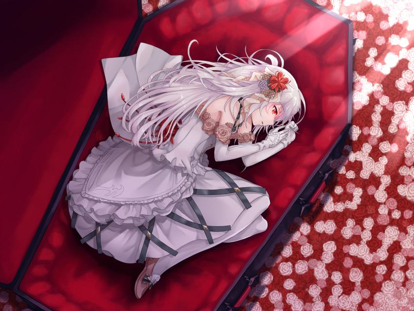 absurdres bad_id bad_pixiv_id coffin commentary_request dress elbow_gloves female fetal_position flower from_above gloves glowing glowing_eyes hair_ornament hair_ribbon highres jane_(king's_raid) kimi_tsuru king's_raid layered_dress long_hair looking_to_the_side lying on_side pantyhose parted_lips pink_flower pink_footwear pink_rose red_eyes red_flower red_rose ribbon rose sideways_mouth solo strapless strapless_dress underbust very_long_hair wedding_dress white_dress white_flower white_gloves white_hair white_pantyhose white_rose