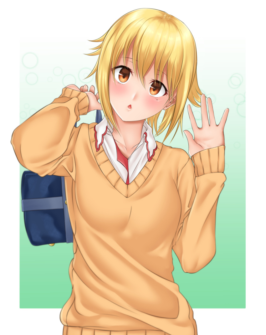 absurdres bag blonde_hair blush bookbag brown_eyes commentary_request female hands_up highres hitoribocchi_no_marumaru_seikatsu kana_kinoko looking_at_viewer mole mole_under_eye short_hair simple_background solo standing sunao_nako sweater upper_body