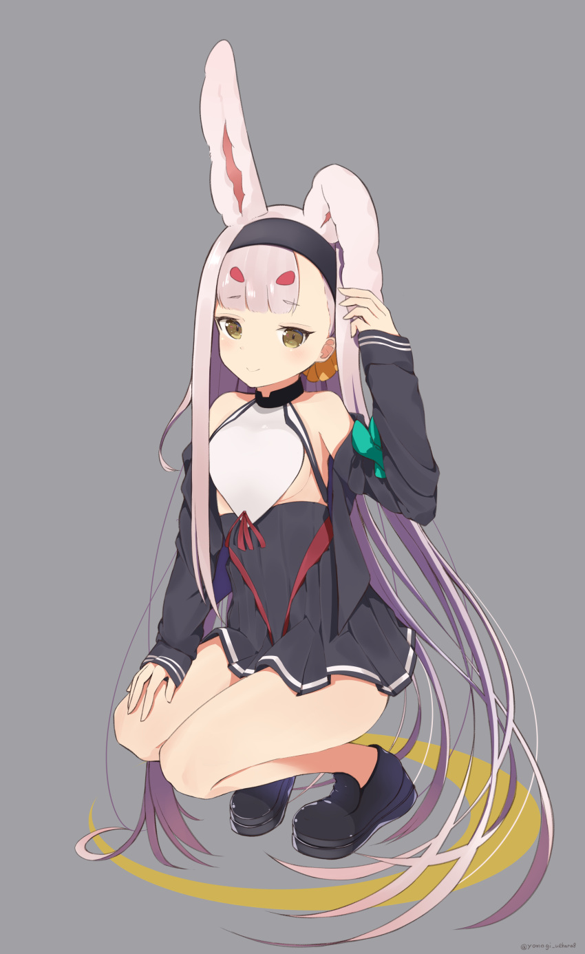 absurdres animal_ears arm_up azur_lane bare_legs bikini_over_clothes black_dress black_footwear breasts brown_eyes commentary_request dress female full_body grey_background grey_hair hairband hand_on_own_ear hand_on_own_thigh highres legs loafers long_hair long_sleeves pulling_own_clothes pulling_own_ear rabbit_ears rabbit_girl shimakaze_(azur_lane) shoes short_dress short_eyebrows simple_background sleeves_past_wrists small_breasts smile solo squatting strapless strapless_dress swimsuit_over_clothes unaligned_ears very_long_hair yomogi_uehara