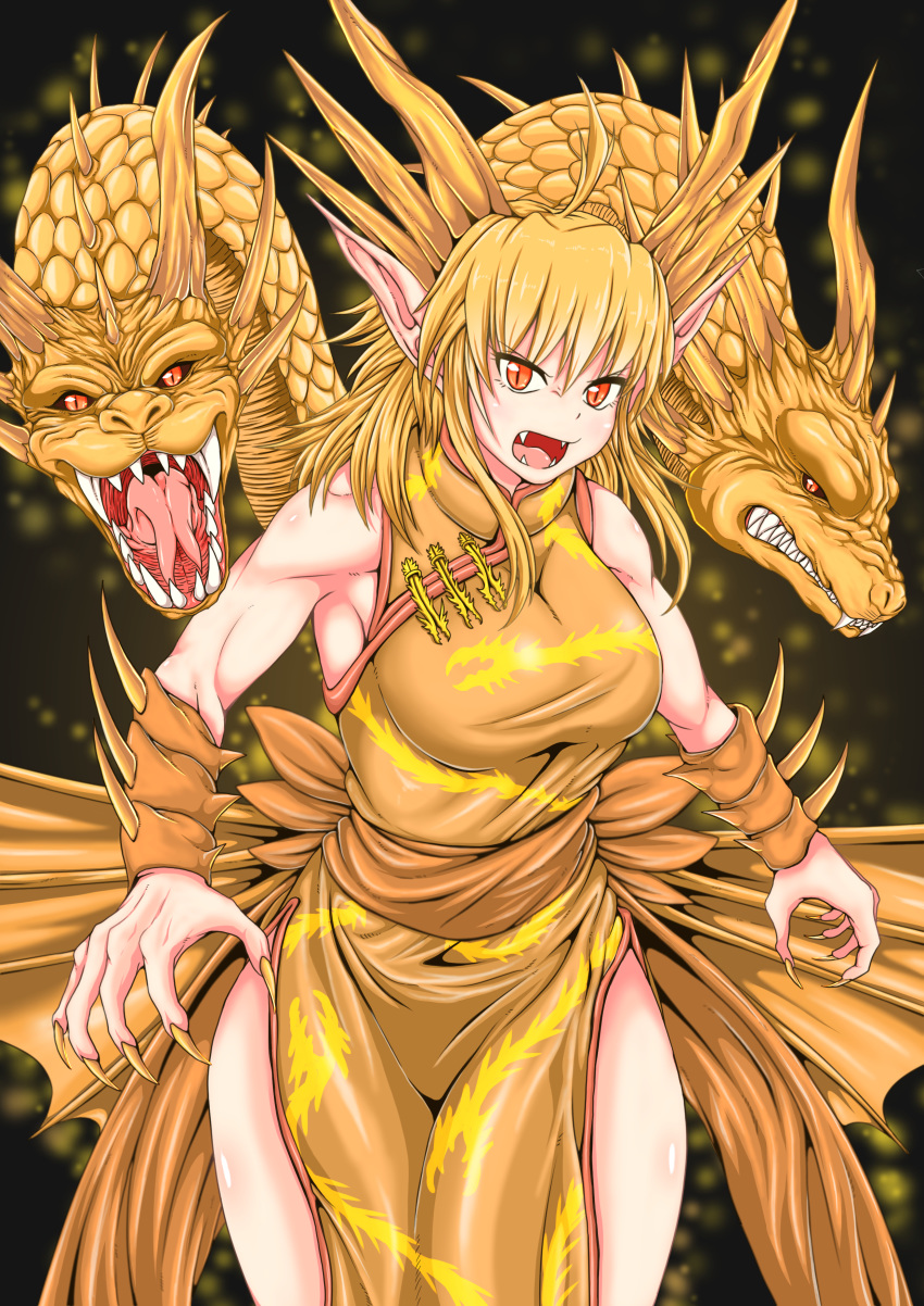 absurdres arm_blade breasts china_dress chinese_clothes claws commentary dragon dragon_girl dragon_horns dragon_wings dress fangs female fingernails ghidorah_(godzilla:_the_planet_eater) godzilla:_the_planet_eater godzilla_(series) highres horns kaijuu king_ghidorah large_breasts long_fingernails long_hair monster multiple_heads muscular mynameissuusan open_hand open_mouth orange_eyes personification pointy_ears scales sharp_teeth side_slit slit_pupils teeth tongue weapon wings