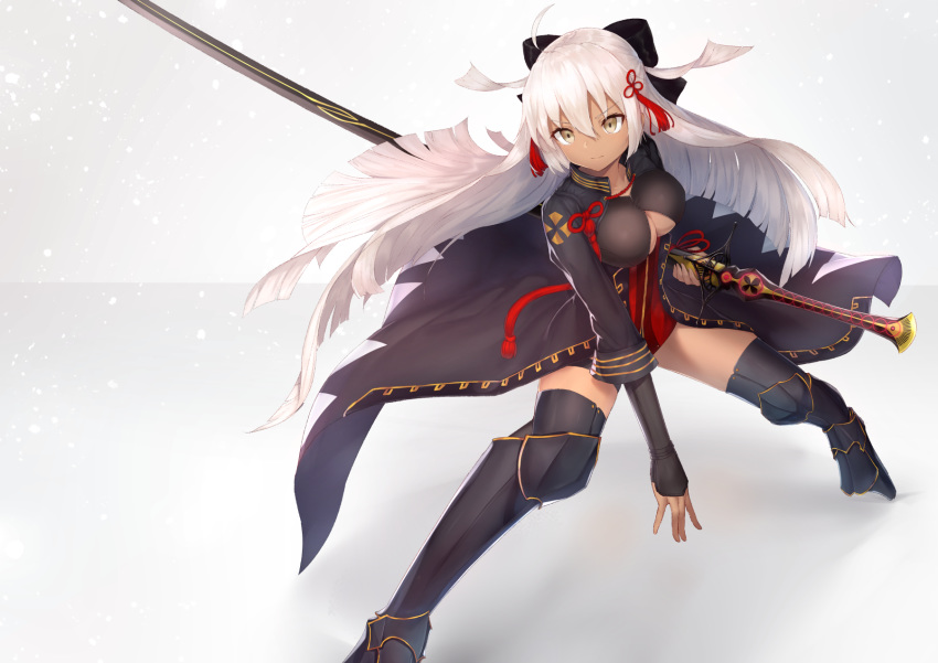 ahoge arm_guards black_bow black_coat boots bow cleavage_cutout clothing_cutout coat commentary_request dark-skinned_female dark_skin dress fate/grand_order fate_(series) female hair_between_eyes hairbow high_collar highres holding holding_sword holding_weapon katana koha-ace long_hair okita_souji_(fate) okita_souji_alter_(fate) red_dress red_scarf reuri_(tjux4555) scabbard scarf sheath sheathed short_dress solo sword tassel thigh_boots thighhighs tied_hair weapon white_eyes white_hair