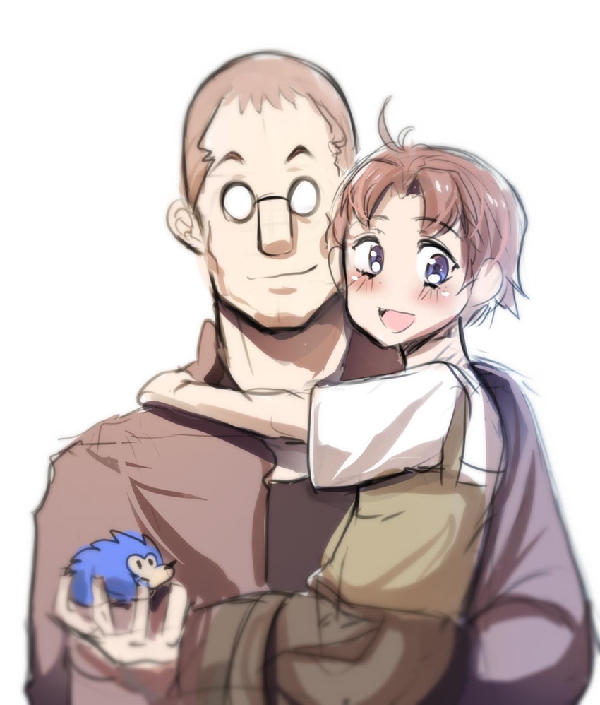 2boys :d ahoge animal blush brown_hair commentary crossover father_and_son fullmetal_alchemist genderswap_(ftm) glasses hedgehog highres hinghoi holding holding_animal hug looking_at_viewer multiple_boys nina_tucker open_mouth rule_63 short_hair shou_tucker simple_background smile sonic_(live_action) sonic_(series) sonic_the_hedgehog sonic_the_hedgehog_(film) suspenders white_background