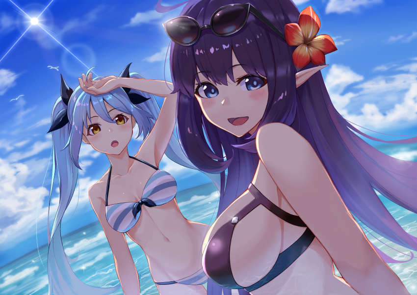 2girls :d absurdres ahoge alternate_costume arm_up bare_shoulders bikini bird black_bikini blue_bikini blue_eyes blue_hair blue_ribbon blush breasts cleavage cloud collarbone commentary_request day dutch_angle elf eyewear_on_head flower front-tie_bikini_top front-tie_top groin hair_between_eyes hair_flower hair_ornament highres king's_raid kuen_(kuennn12) large_breasts long_hair looking_at_viewer mirianne_(king's_raid) multiple_girls navel open_mouth outdoors pointy_ears purple_hair ribbon sidelocks sky smile sonia_(king's_raid) stomach striped_bikini striped_clothes sunglasses swimsuit twintails very_long_hair yellow_eyes yellow_flower