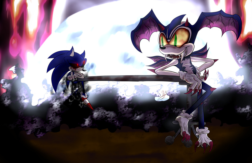 anthro black_sclera blue_body blue_fur blue_skin claws creepypasta demon duo eulipotyphlan fur furniture hedgehog hi_res illbleed male mammal red_eyes sega sitting sonic.exe sonic.exe_(creepypasta) sonic_the_hedgehog sonic_the_hedgehog_(series) table ulyana0b wings yellow_sclera zodick_the_hellhog