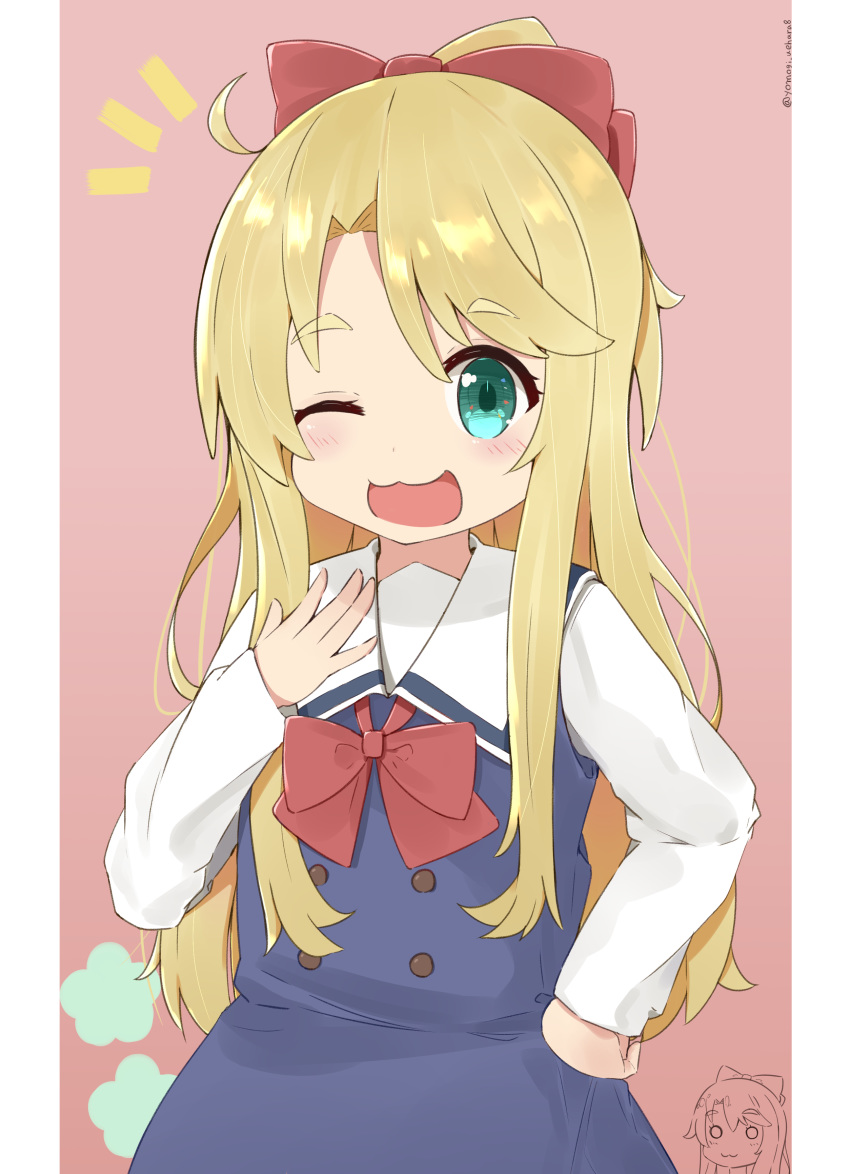 :3 absurdres blonde_hair blue_dress bow commentary_request dress female green_eyes hairbow hand_on_own_chest hand_on_own_hip highres himesaka_noa long_hair one_eye_closed open_mouth pink_background ponytail ribbon school_uniform simple_background smile solo upper_body watashi_ni_tenshi_ga_maiorita! yomogi_uehara