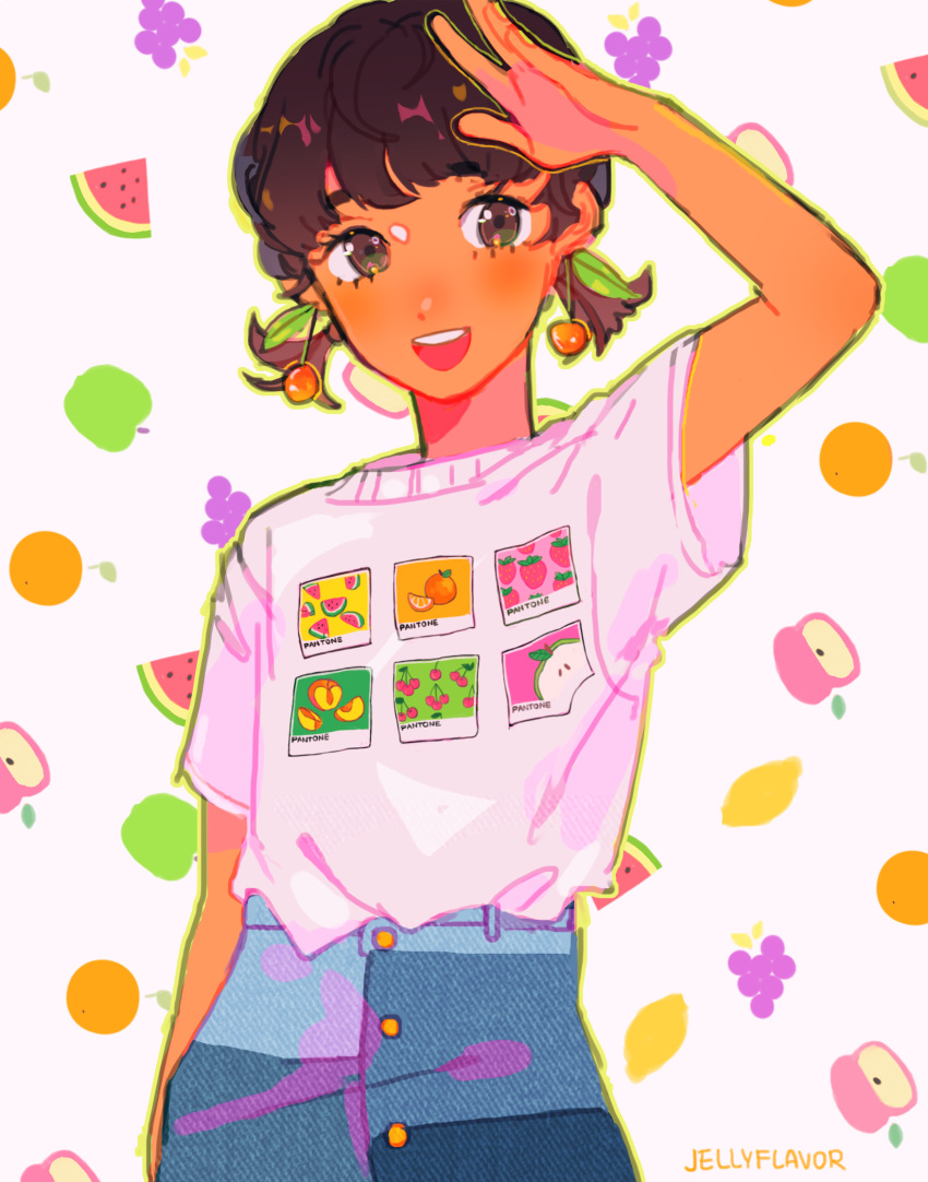 apple blush border brown_eyes brown_hair cherry cherry_earrings commentary_request denim earrings female food food-themed_earrings fruit grapes green_apple green_border hand_up highres jeans jewelry leaf lemon open_mouth orange_(fruit) orange_slice original pants peach print_shirt routexx shirt shirt_tucked_in short_sleeves signature smile solo strawberry twintails watermelon white_background white_shirt