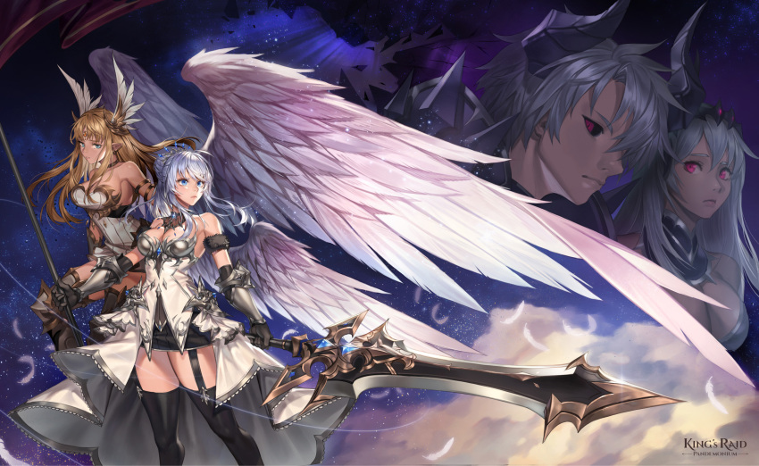 amnag angel angel_wings aselica_(king's_raid) bad_id bad_pixiv_id black_legwear black_sclera blonde_hair breasts colored_sclera commentary_request dark_lord_kasel_(king's_raid) dark_persona dress fallen_frey_(king's_raid) feathered_wings frey_(king's_raid) grey_hair hair_ornament head_wings highres kasel_(king's_raid) king's_raid large_breasts long_hair scarlet_(king's_raid) sword thighhighs very_long_hair weapon wings